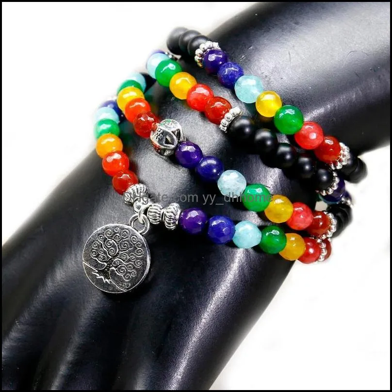 Anklets 6MM Beads 108 Mala Chakra Matte Onyx Bracelet 7 Meditation Tree Life Pendent For Men Buddha Yoga Jewelry1
