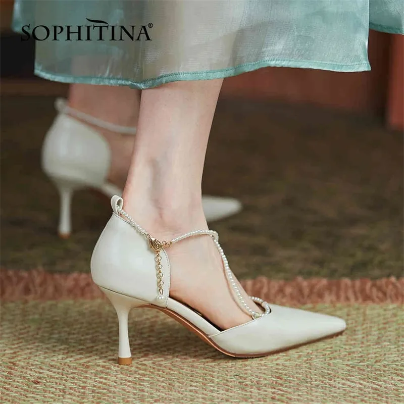 SOPHITINA Femmes Pompes Été Luxe String Perle Chaussures Côté Vide Haute Qualité En Cuir Solide Couleur TPR Femme Chaussures AO819 210513