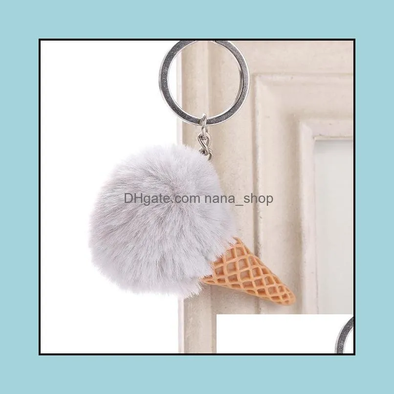 Ice Cream Keychain Soft Artificial Rex Rabbit Hair Ball Keyring Furry Pom Acrylic Key Ring Women Shoulder Bag Car Pendant Gift