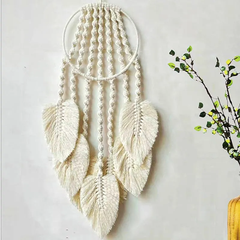 Decorative Objects & Figurines Leaf Feather Macrame Wall Art Hanging Decoration Hoop Dream Catchers Handmade Bedroom Home Decor Tapestry Orn