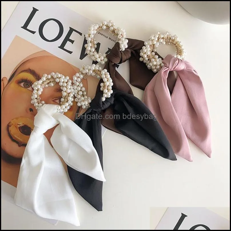 pearl streamer hair rope fashion accessories women solid color high elastic beaded bow hair ring rubber band ribbon tie headwear