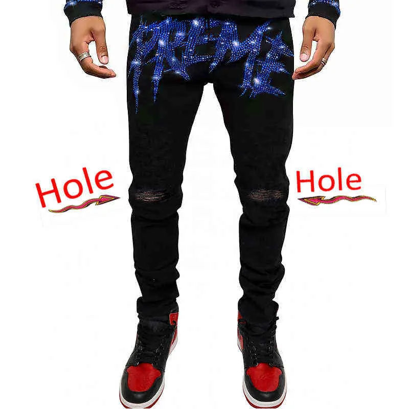 Pantalones Vaqueros Negros Ajustados Rasgados Elásticos Para Hombre, Pantalones  Ajustados De Hip Hop Con Agujeros, Ropa