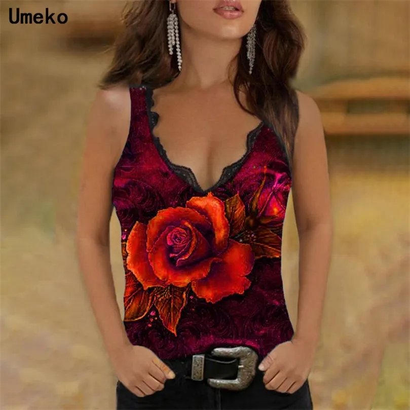 Umeko Women Casual Rose Flower Print ärmlös tshirt Summer Sexig V Neck Camisole Sling Topps Female Fashion Streetwear 220527