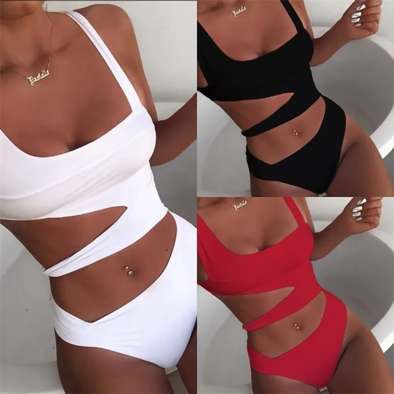 2020 neue Sexy Weiß 1pc Badeanzug Frauen Cut Out Bademode Push Up Monokini Badeanzüge Strand Tragen Schwimmen Anzug für Frauen T200708
