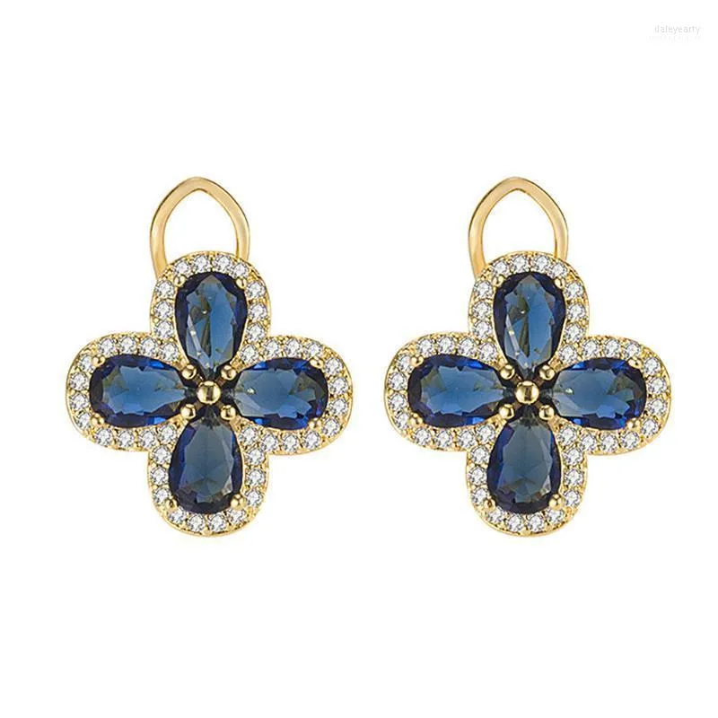 Stud Vintage Royal Clover Mavi Kristal Safir Taşlar Elmas Küpeler Kadınlar İçin Altın Renk Takı Bijoux Party Accessorie Dale22