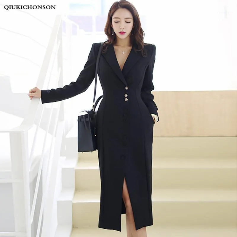 Casual Sukienki Koreański Sukienka robocza Kobiety Wiosna Jesień Eleganckie Ladies Notched Collar Single-Breasted High Slit Black Office Długi rękaw