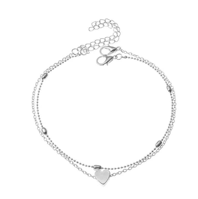 Hot Fashion Jewelry Double Layer Heart Anklet Chain Alloy Beads Ankle Bracelet Beach