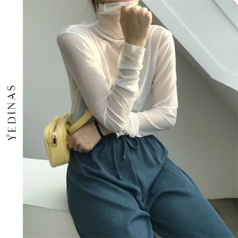 Yedinas Korean Style Turtleneck Mesh Tops See Through Sexy Slim Long Sleeve T Shirts Candy Color Semitransparent Tshirt Japanese 220527