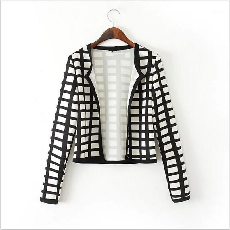 여자 재킷 여성 재킷 화이트와 블랙 격자 무늬 패턴 프린트 코트 짧은 단순한 스타일 가을 BL003