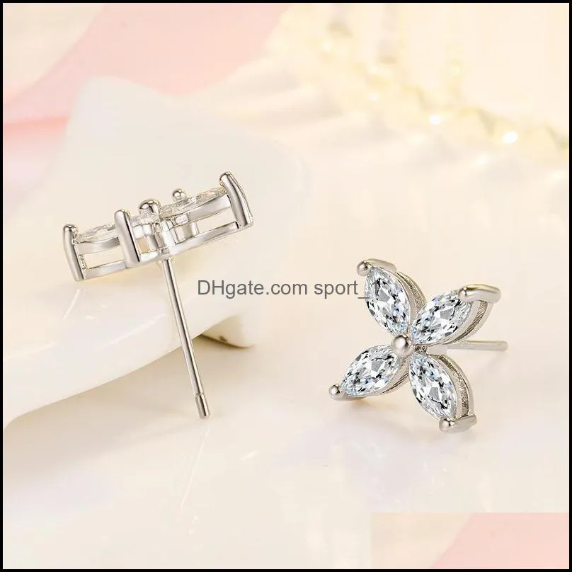 silver earrings with exquisite flowers white zircon stud earrings womens jewelry wedding eye olive zircon stud earrings