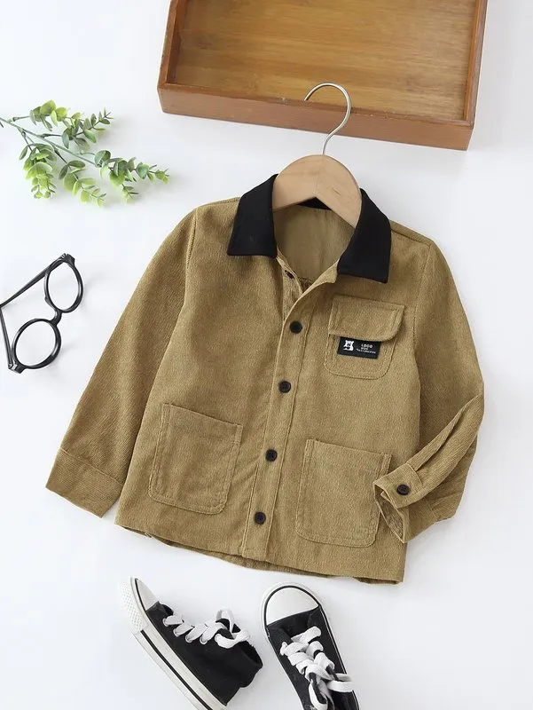 Toddler Boys Contrast Collar Flap Pocket Patched Detail Button Front Corduroy Coat SHE