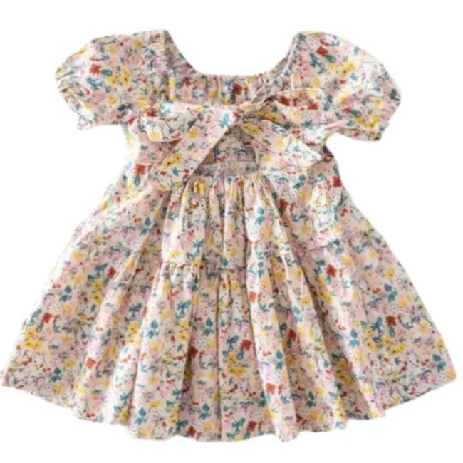 Summer Girls Dress Europe och America Style Kids Short Sleeve Floral Printed Cotton Clothing Toddler Princess Dresses