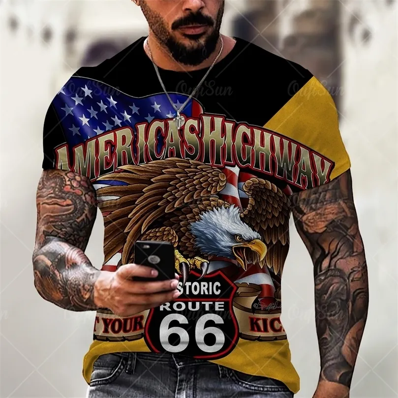 Summer Mens T Shirts Overdized Loose Clothes Vintage Short Sleeve Fashion America Route 66 Letters With Eagle Print T Shirt 6xl 220607