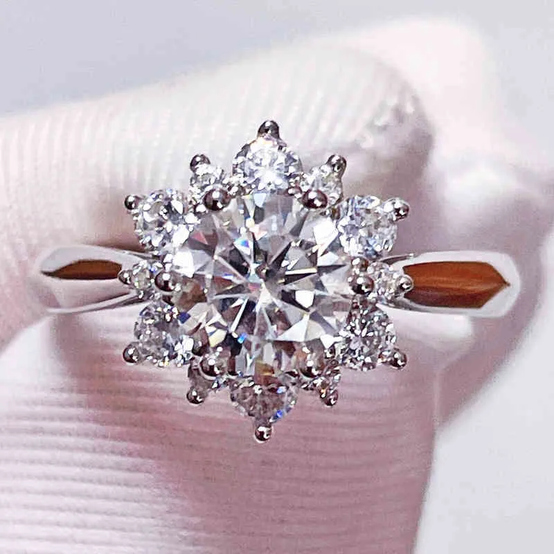 Sun Flower Design D Colore VVS Reale Moissanite Anello Misura 65mm 1CT Non ridimensionabile Anelli nuziali regolabili in argento 925 con diamanti da laboratorio