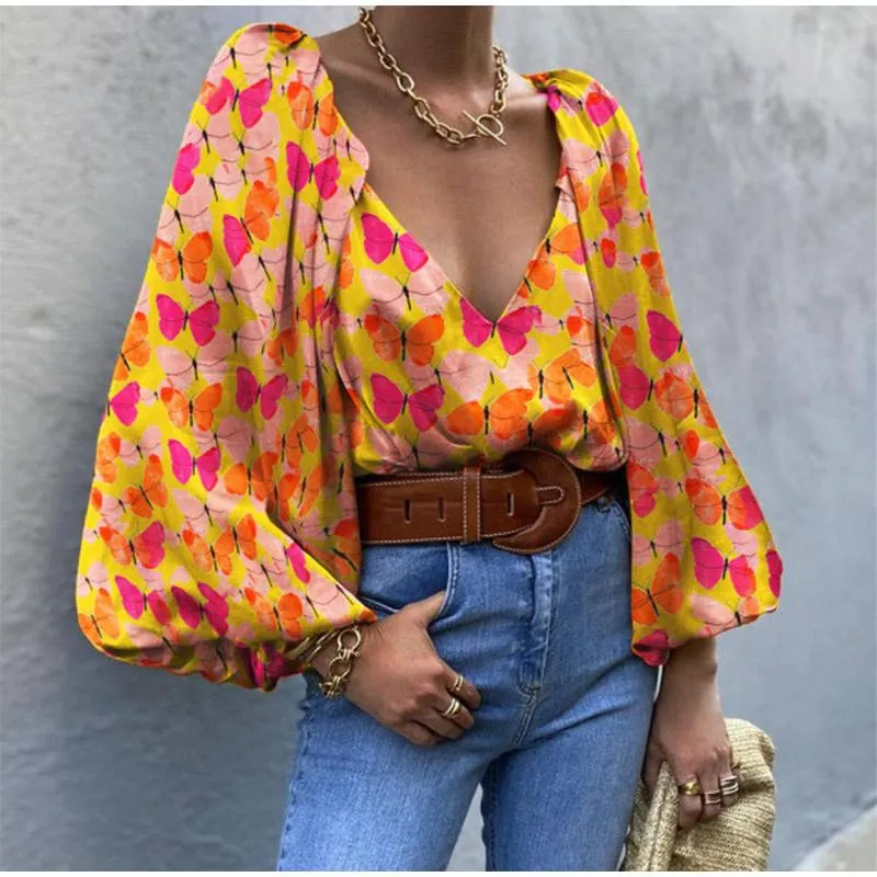 Women's T-Shirt Cottagecore Retro Butterfly Long Sleeve Puff Top Printed Ladies Lace Orange V-Neck Woven Summer Street WearWomen's