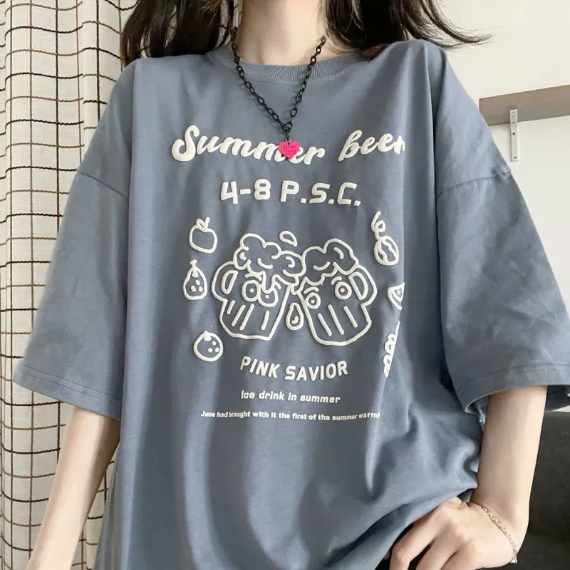 Camiseta Retro de manga corta para mujer, camiseta estampada con cuello redondo para mujer, estudiante, diseño de moda coreano, camiseta superior para mujer 220615
