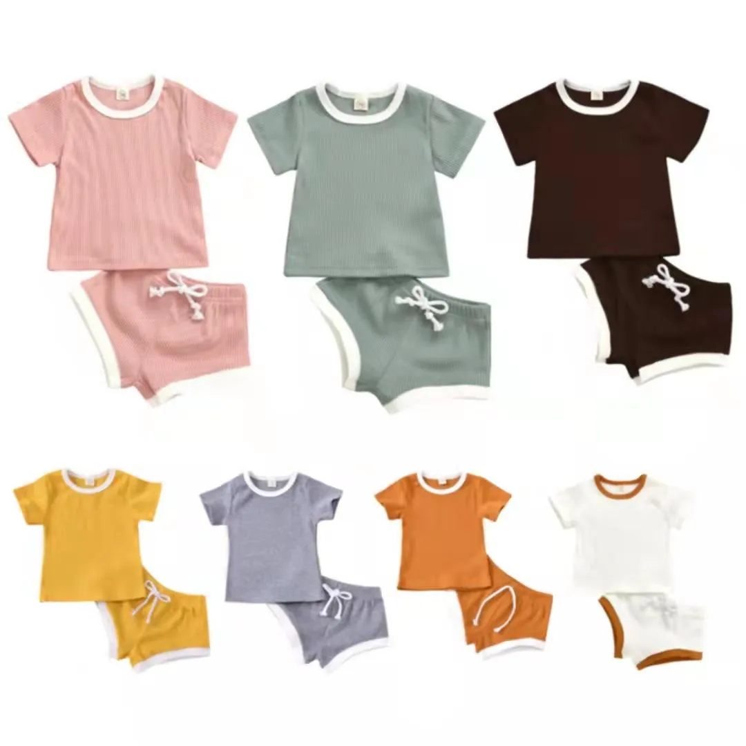 Zomer baby kleding sets meisje pak baby pit gestreepte geribbelde katoenen korte mouw top + shorts pasgeboren outfits