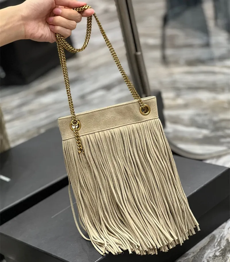 GRACE Lüks Çanta omuz çantaları kadın crossbody bayan Tote zincirleri süet çanta kahverengi kayısı Hobo püskül çanta gerçek deri saçaklı vintage HOBO çanta küçük