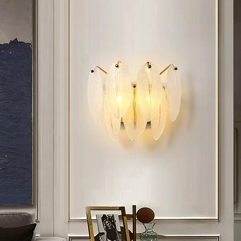 مصابيح جدار تصميم الريشة مصابيح زجاج الصقيع LED SCONCE GOLD METAL LIGHTING FOR