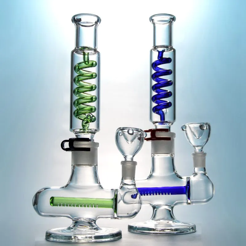 Glass Bongs Inline Perc Water Pipes Freezable Hookahs 11'' Tall 3mm Condenser Coil Diffused Downstem Oil Dab Rigs 14mm Female Joint With Bowl Build a Bong