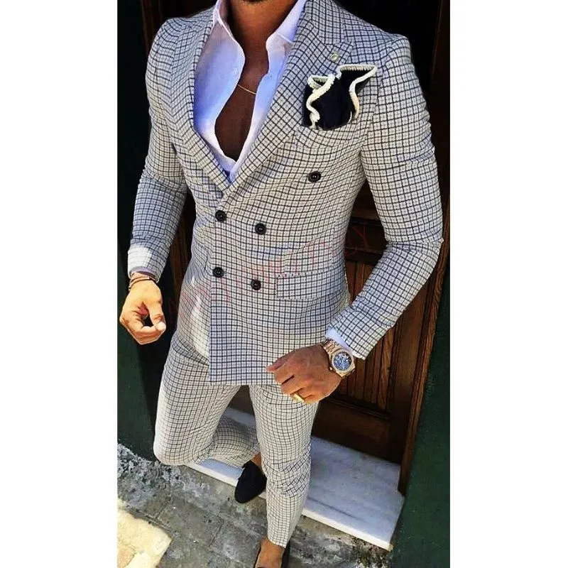 Pakken voor heren Blazers Mode Lattice Suit Slim Fit Prom Bruiloft voor mannen Bruidegom Tuxedo Jacket Broek Set Op maat Wit Casual Heren