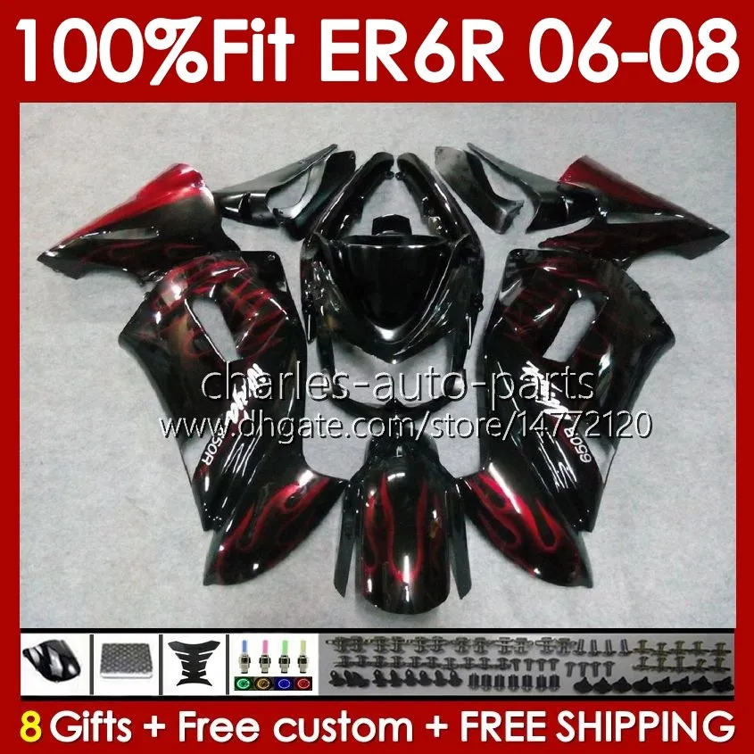 Kit de carrosseries OEM pour KAWASAKI NINJA 650R ER6 650 R ER 6 F 06-08 Carrosserie 139No.9 650-R ER 6F 650R-ER6F ER-6F 2006 2007 2008 ER6F 06 07 08 Moulage par injection Carénages flammes rouges