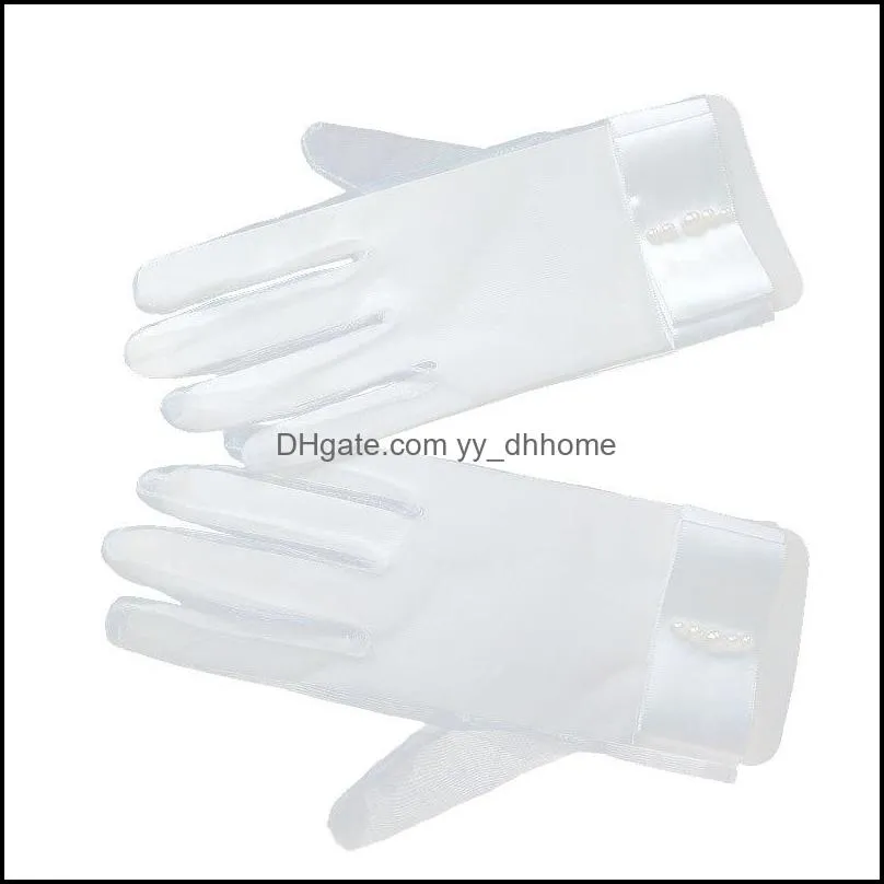 Bride Short Bow Beaded Gloves Mesh Pearl Breathable Glove for Wedding Dress