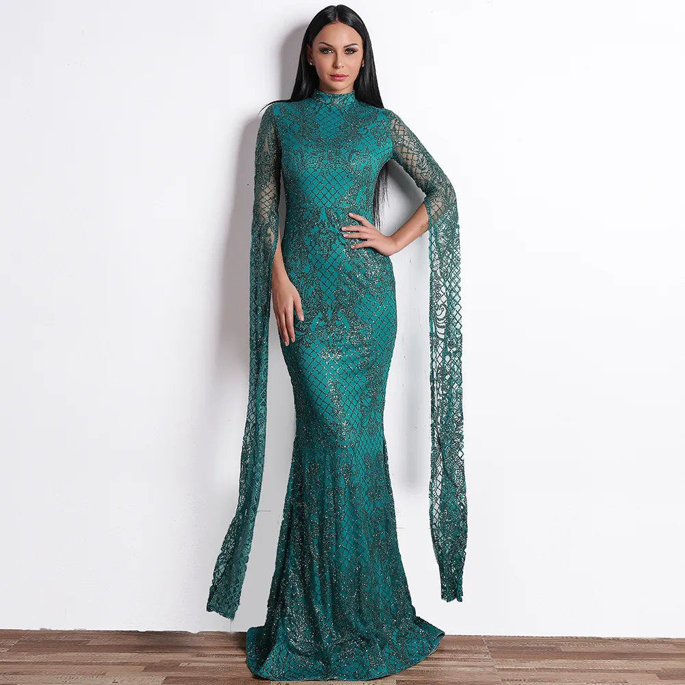 Robe Longue Femme – Caftan Ample à Sequins Vert – Taille Unique, Manches Courtes