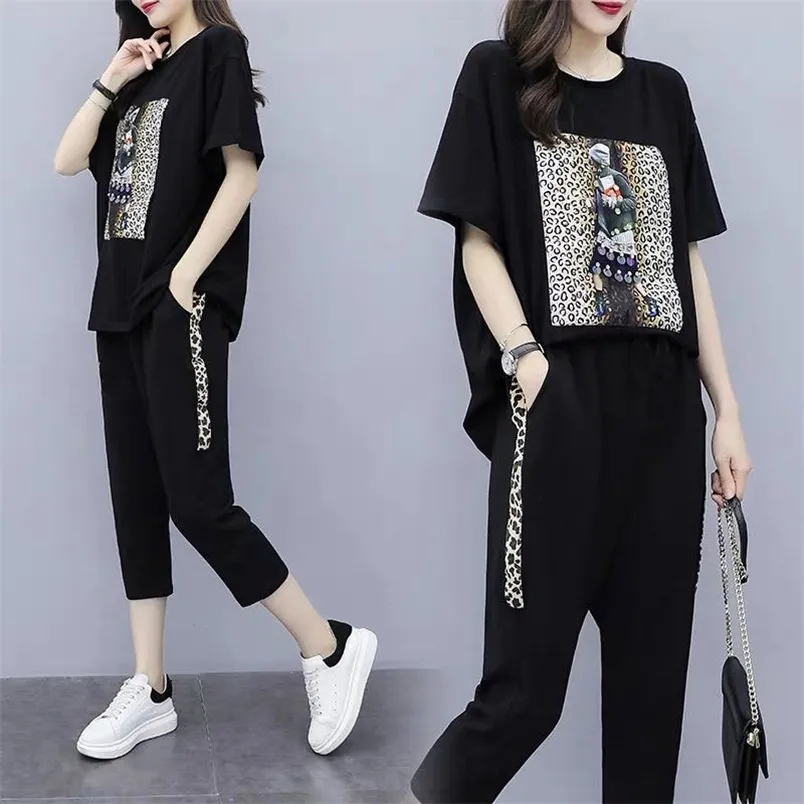 Summer Women s Black Oversize Tracksuits Casual Pantsuit Set Short Sleeve Tops Fashion Sportswear Calf Length Pants Size LJ201117