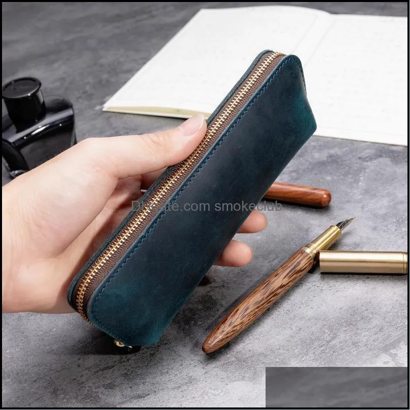 Handmade Genuine Leather Pencil Bag Vintage Retro Cowhide Zipper Pencil Case Pouch Glasses Case Office Stationery Storage Bag