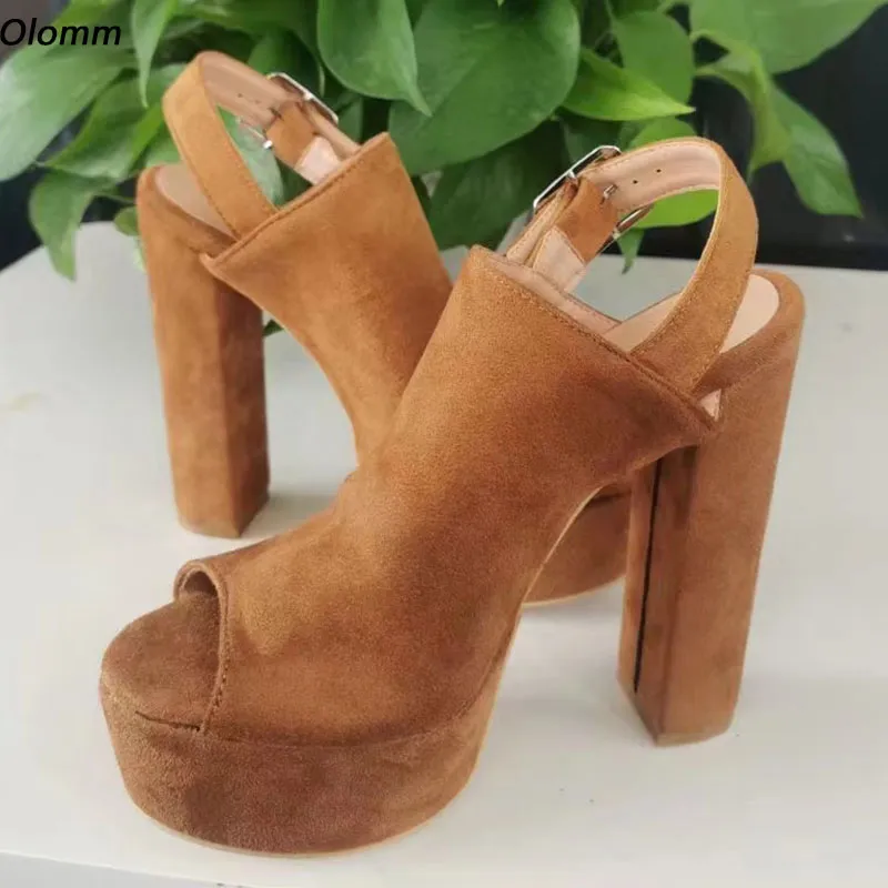 Olomm Handmade Women Platform Sandals Faux Suede Back Strap Chunky Heel Peep Toe Gorgeous Camel Fuchsia Party Shoes US Size 5-20
