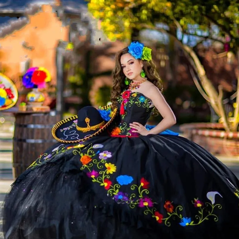 Chic Black Mexican Style Mexican Quinceanera Dresses Black With Flower Embroidery Lace Layers And Off Shoulder Design Perfect For Sweet 15 And Formal Parties From Lovemydress 90.71 DHgate.Com