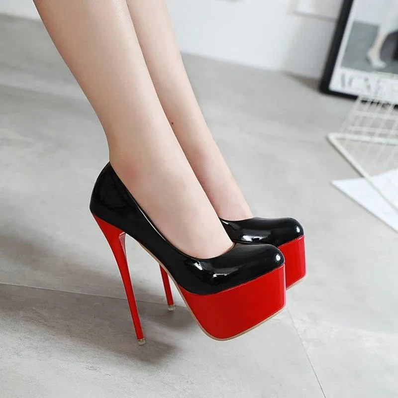 Dress Shoes Super Sexy Red Thick Bottom Stiletto Women Pumps Patent Leather 16 Cm High Heel Female T-stage Autumn Heels Big Size 41 42Dress
