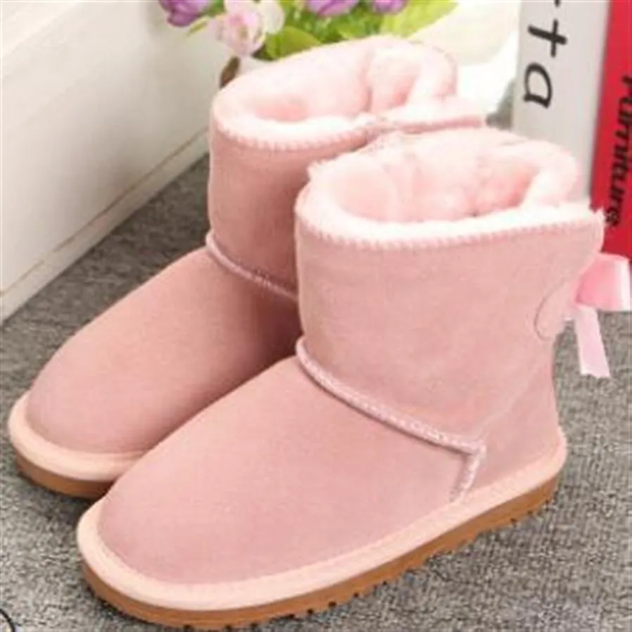 Children Bailey 1 Bows Boots Genuine Leather toddlers Snow Boots Solid Botas De nieve Winter Girls Footwear Toddler Kids Boots Sho2702