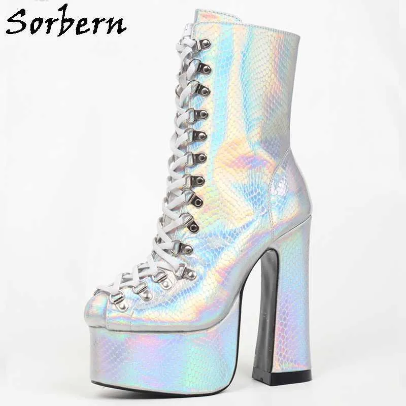 Sorbern Silver Snake Holo Ankel Boots Block Heels Lace Up Platform Shoes Chunky High Heel Goth Boots Höstskor Kvinna Custom