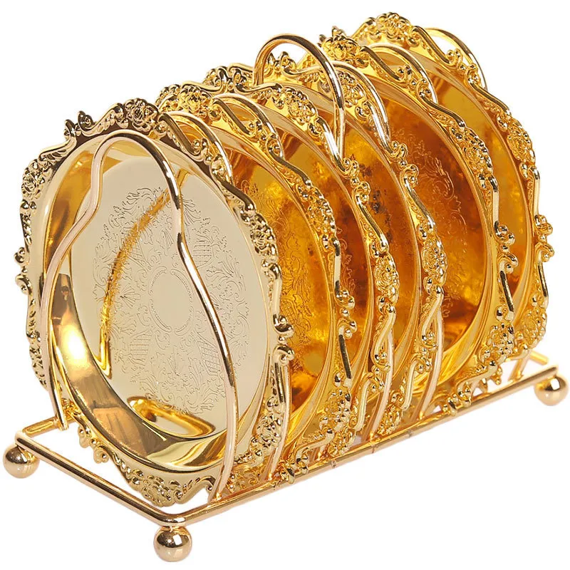 6-teiliger klassischer goldener Cocktail-Metalluntersetzer, kontinentaler Vintage-Stil, Zinklegierung vergoldet, Tischset-Durchmesser 10,5 cm WF