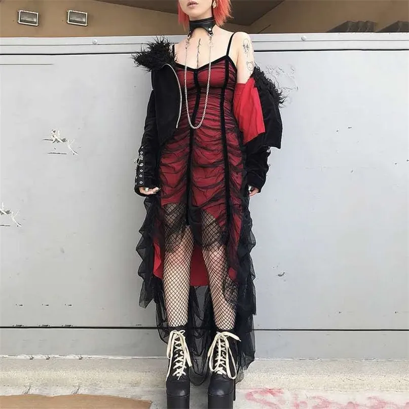 Mall Goth Mesh Lace Ploeged Jurk Vrouwen Gothic Black Dark Academia Aesthetische Zomer Midi -jurken Onregelmatige Punk Emo -kleding 220521