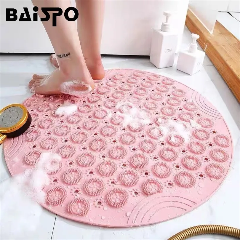 Baispo Badrum Anti-Slip Mat PVC Safety Shower Foot Massage Floor With Drain Hole Home Accessories Set 220504