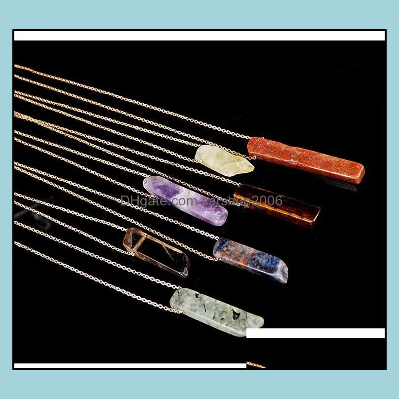 natural stone strip bar necklace rose red blue amethyst crystal green aventurine rectangle stainless steel necklace carshop2006