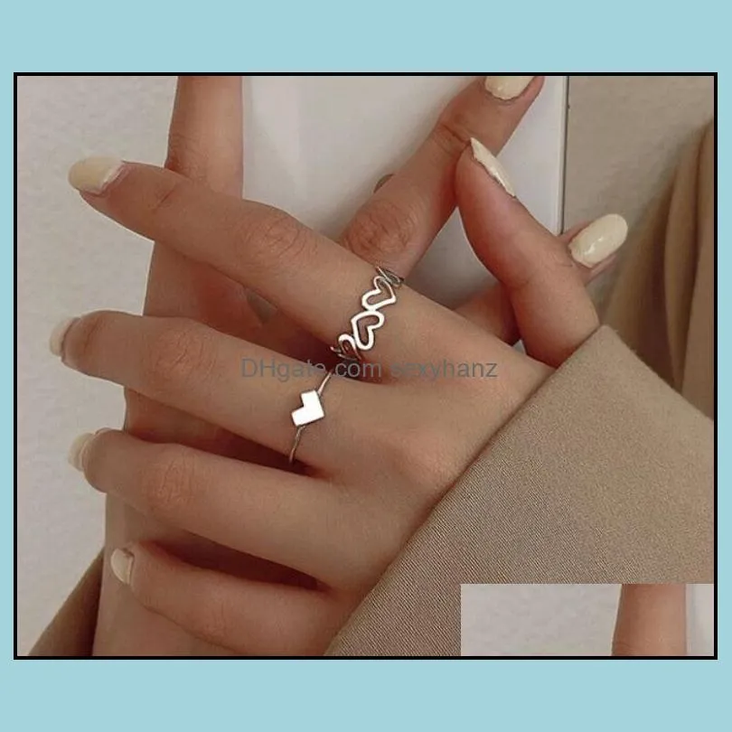 2pcs/set Women Fashion Simple Heart Band Rings Design Hollow Finger Ring For Girls Jewelry Gift wholesale