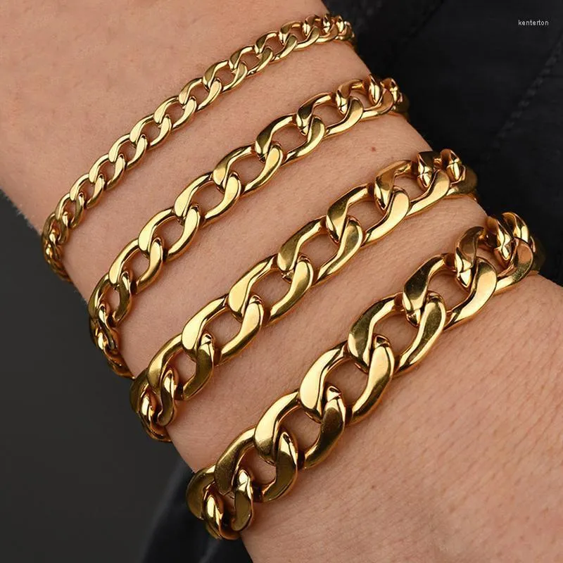 Link Chain Mens 18K Gold Armband Chunky rostfritt stål Curb Cuban Armband för kvinnor unisex handledsmycken gåvor kent22