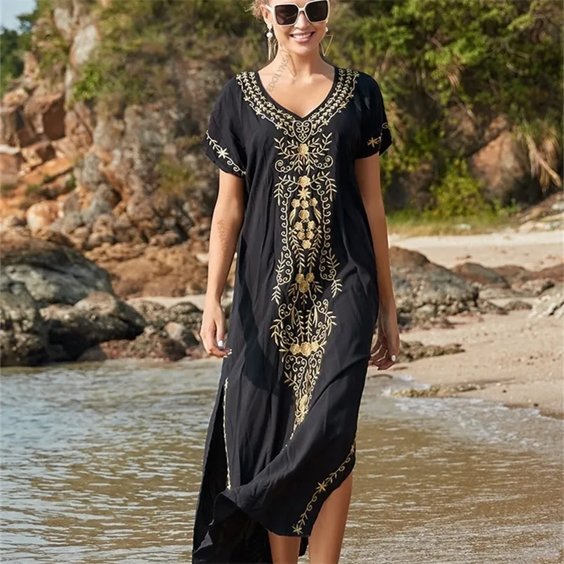 Boho élégant brodé col mandarin à manches courtes côté fendu robe d'été femmes street wear décontracté robe maxi N1154 220621