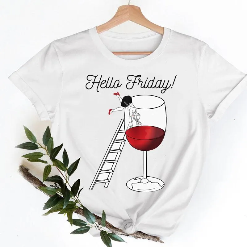 T-shirt da donna Vino Happy Tops Time Ladies Fashion Casual Female Abbigliamento da cartone animato a manica corta grafica