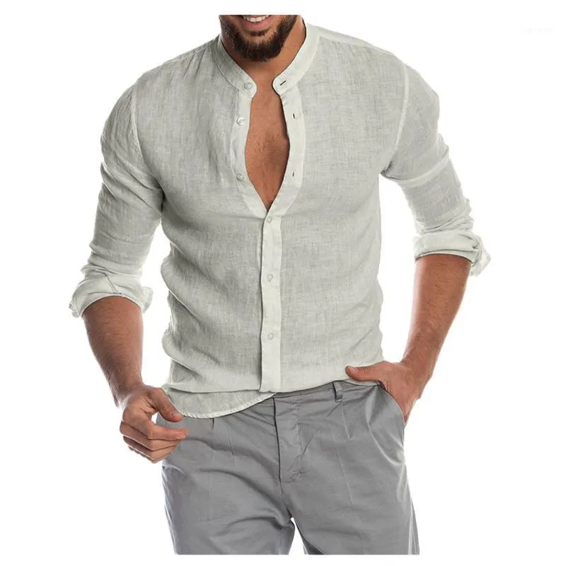 Camicia da uomo alla moda Camicie Blusas a maniche lunghe da spiaggia con bottoni casual senza colletto e maniche lunghe per uomo hawaiano