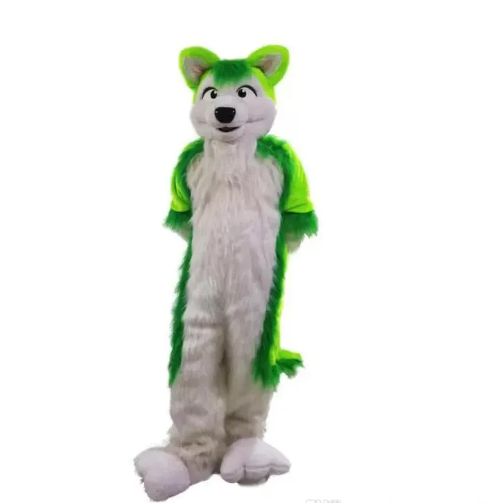 Costume de mascotte de chien Husky de loup vert chaud, matériel de tête de dessin animé, robe de fête, ensemble de dessin animé de haute qualité