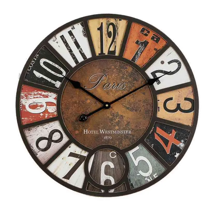 Orologio industriale vintage in legno orologio da parete del salotto per casa orologio muto decorazione rurale americana 210325