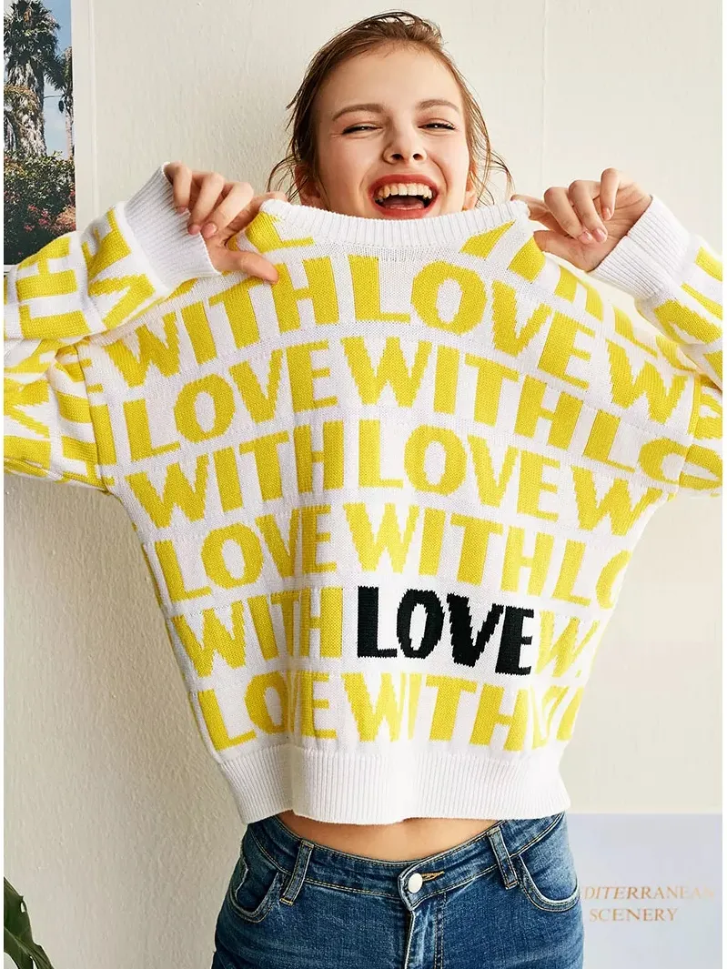 Premium Quality Womens Yellow Sweaters: Love Letter Jacquard Knit