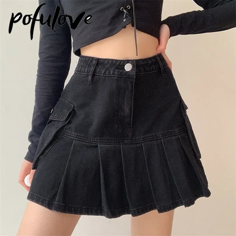 Jeans Mini Skirt Goth Denim Pleated Skirts with Big Pockets Women Girl Summer Punk Y2K Black Faldas High Waist Korean Fashion 220317