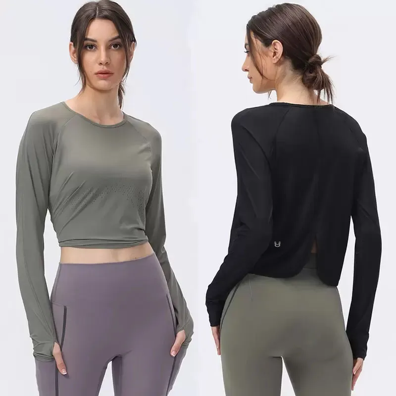 sports tops for Women's long-sleeved yoga outfits solid color breathable fitness clothes lady round neck running gym tops Can be worn outside