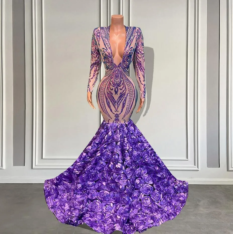 Lilac Lavender Long Sleeve evening dress V-neck Sparkly Sequined Black Girls Mermaid Style Lavender Long Prom Dresses 2022 With 3D Flowers